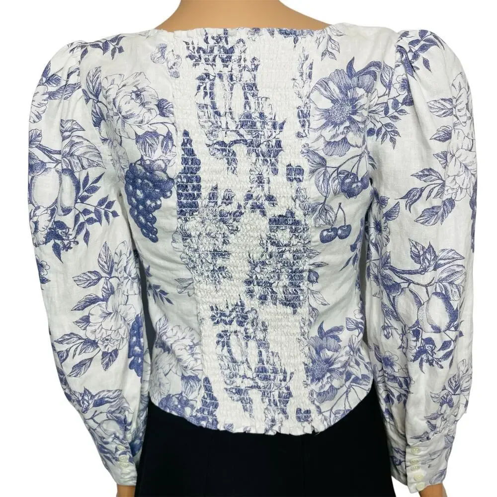 Reformation Stilton Linen Top Blue Toile Floral Long Sleeve Square Neck Size 2